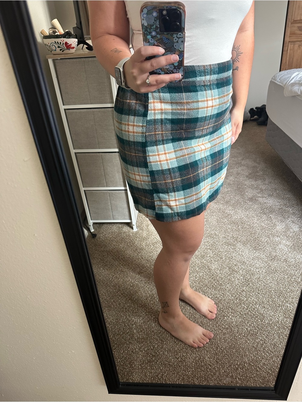 American Eagle Outfitters Teal Plaid Mini Skirt with Cream Accents